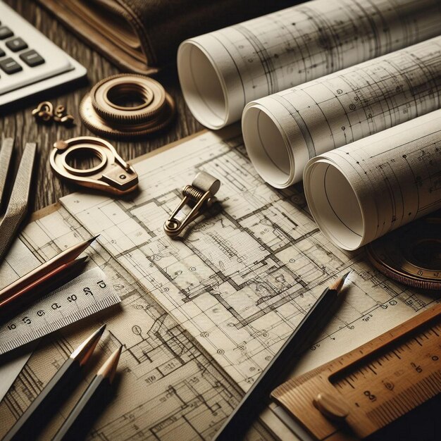 Architectural background with blueprints house model calculator and pencils Construction concept