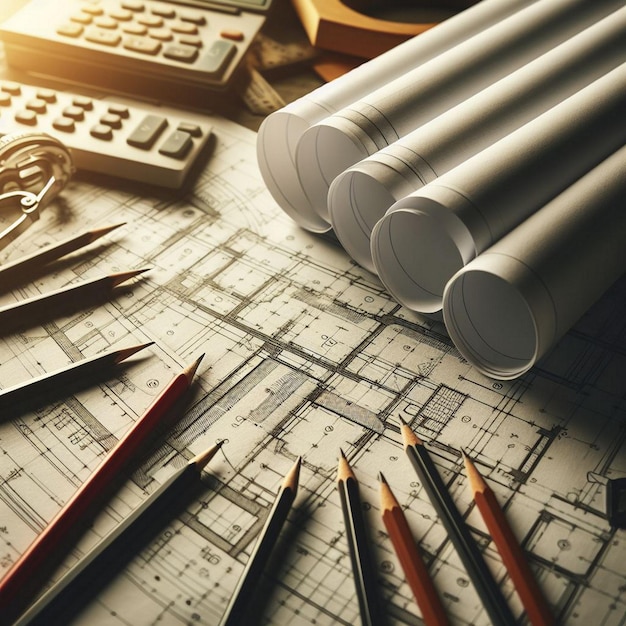 Architectural background with blueprints house model calculator and pencils Construction concept