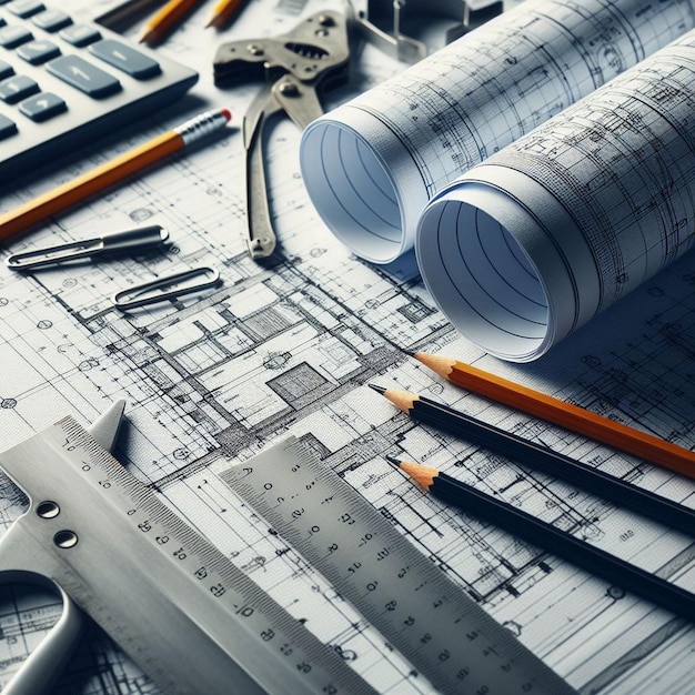 Architectural background with blueprints house model calculator and pencils Construction concept