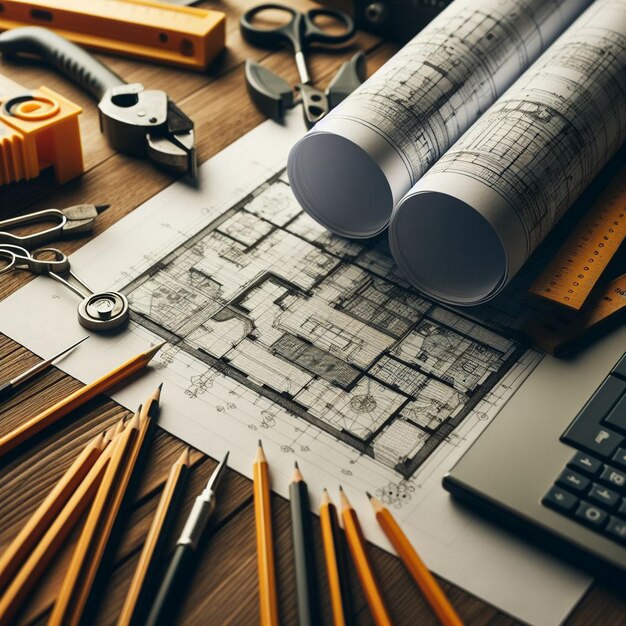 Photo architectural background with blueprints house model calculator and pencils construction concept