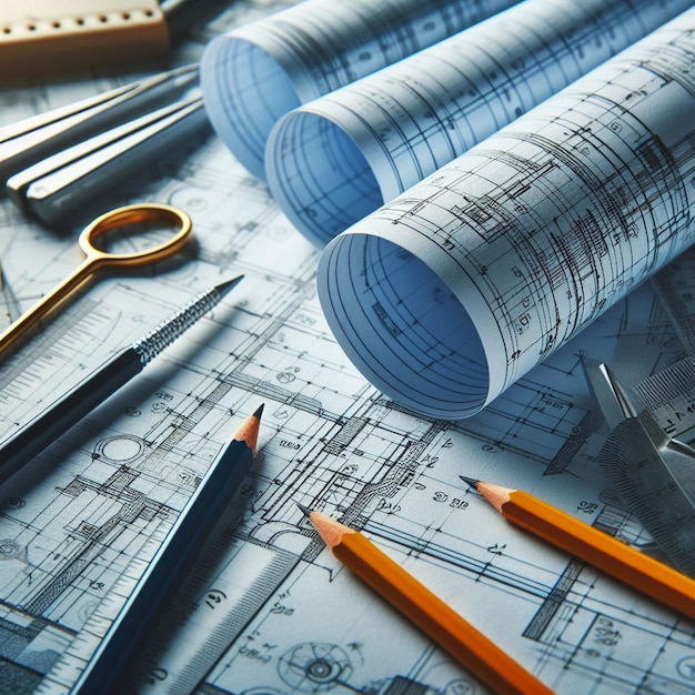 Architectural background with blueprints house model calculator and pencils Construction concept