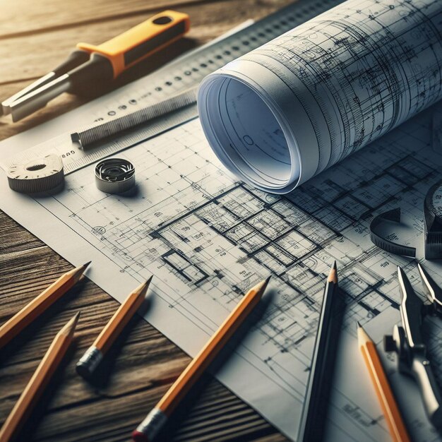 Architectural background with blueprints house model calculator and pencils Construction concept