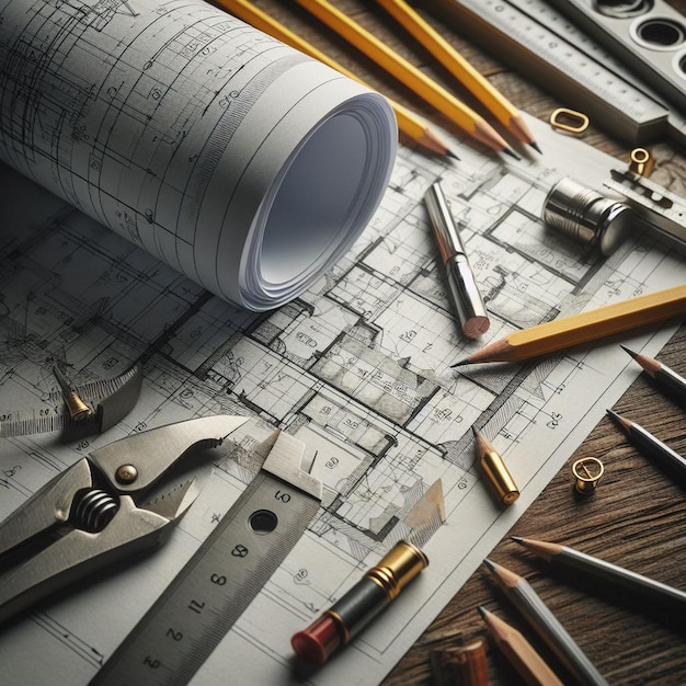 Architectural background with blueprints house model calculator and pencils Construction concept