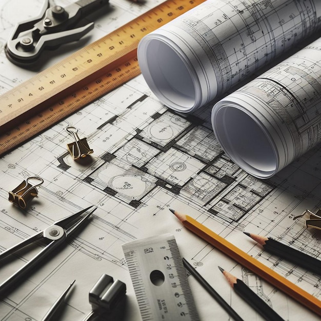 Архитектурный фон с чертежами модели дома калькулятор и карандаши Концепция строительства