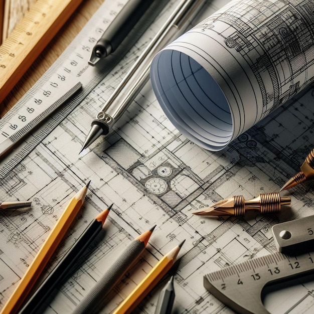 Photo architectural background with blueprints house model calculator and pencils construction concept