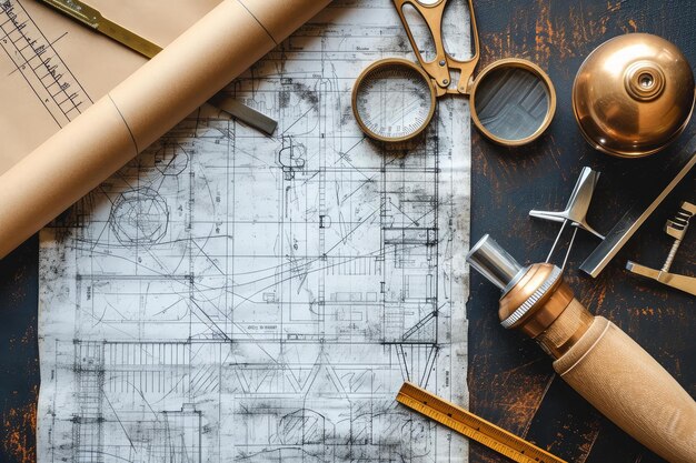 Photo architectural blueprint and drafting tools on desk