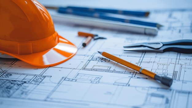 Photo architectural blueprint layout with hardhat on a table