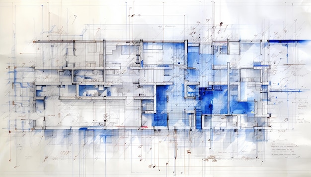 Architectural blueprint showing detailed floor plans and elevation