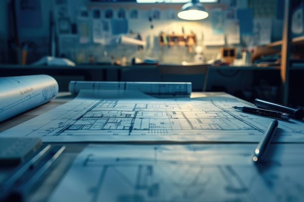 建築設計図と設計図のロールと作業台上の描画器具