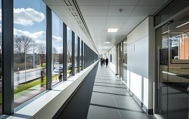 Фото Архитектурно чистый длинный коридор с дверями с обеих сторон