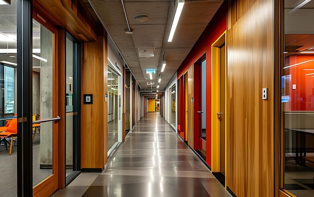Фото Архитектурно чистый длинный коридор с дверями с обеих сторон
