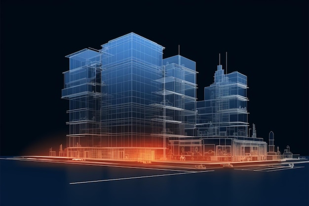 건축 개념 3D 와이어프레임 스카이스크래퍼 스케치 역동적이고 현대적인 벡터 그림