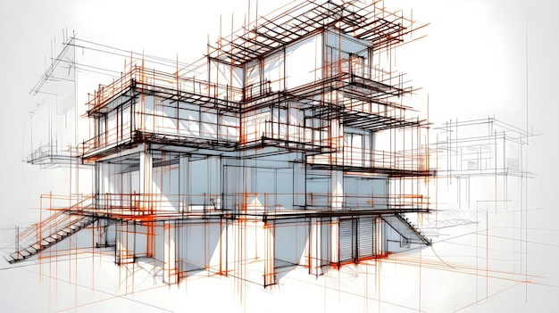 architectural design Hand draft sketches of Architectural combine with future modern architecture