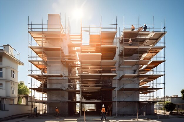 Architectural detail on a building under construction with workers in the background