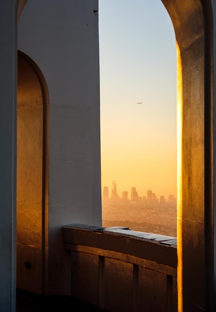 Architectural detail and Los Angeles skyline viewed from Griffith observatory