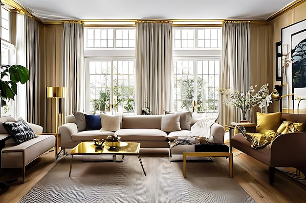 Architectural Digest photo of a Japanese and Scandinavian design style living room with golden light