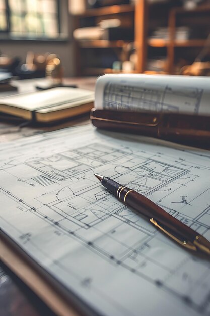 デザインと計画段階を示すペンを上に置いた家のレイアウトの建築学的な草稿