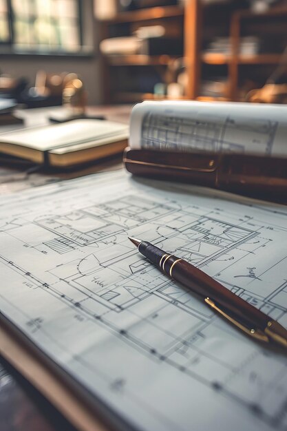 Architectural drafting of a house layout with a pen on top indicative of design and planning phase