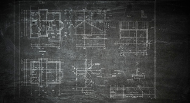 Architectural drafts on black board. mixed media