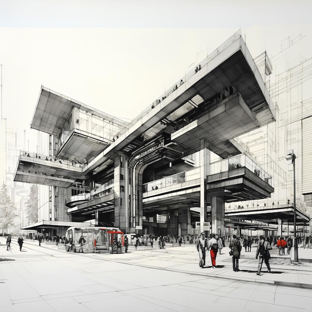 Architectural drawing of a modern rectangular building NYC train station