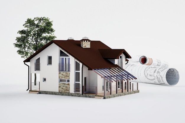 Фото Архитектурные чертежи домов, концепции от чертежа до воплощения. 3d иллюстрации.