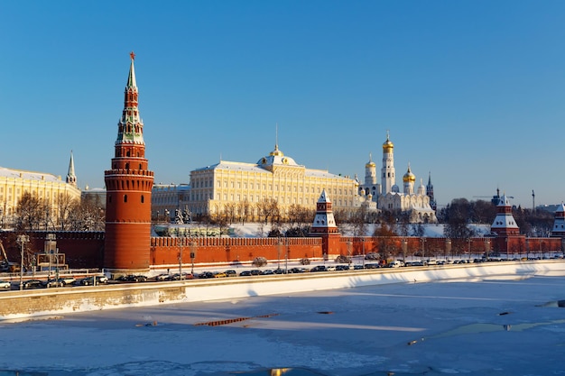 Architectural ensemble of Moscow Kremlin at sunny winter day