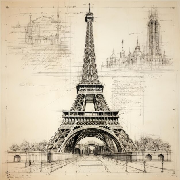 Architectural Hand Sketch of the Eiffel Tower Generative AI