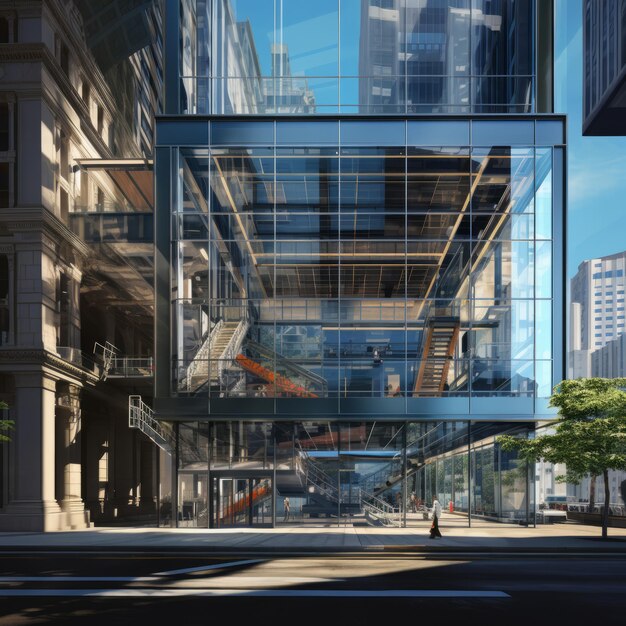 Photo architectural marvel unveiling a transformative ultrarealistic glass building amidst a contemporary