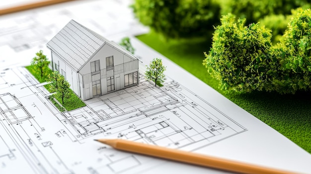 architectural model on a blueprint with greenery