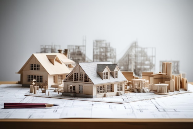 Архитектурная модель дома лежит на столе вместе с инструментами для рисования и рулонами чертежей.