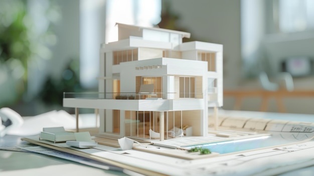 Architectural model of a modern house with detailed schematics on a desk