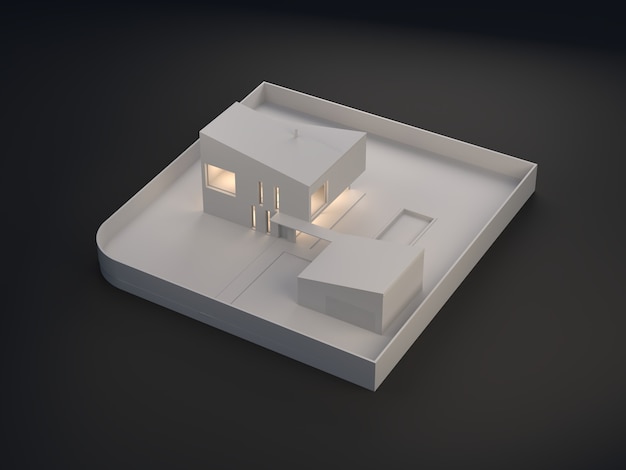 An architectural model with interior ligths in white colors and black background