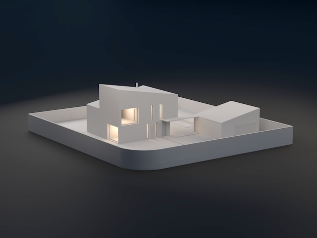 An architectural model with interior ligths in white colors and black background