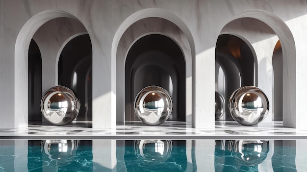 Architectural Opulence Futuristic Design with Floating Chrome Spheres