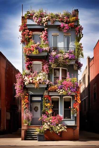 春の花に囲まれた建物や構造物に焦点を当てた建築写真撮影