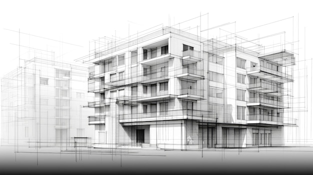 建築プロジェクトの背景 建築スケッチの設計図と高度に詳細な現代的な建物の設計図