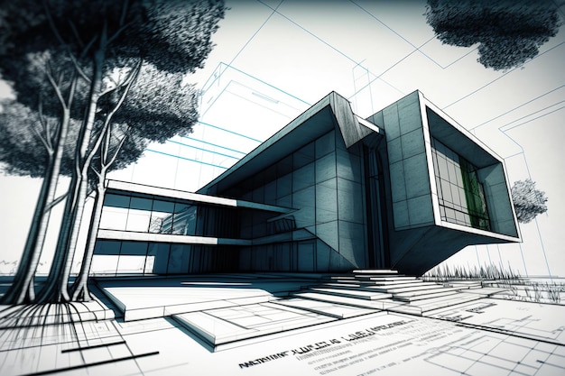 Architectural project sketch. Generative Ai . Modern building sketch