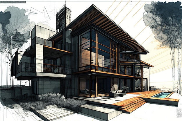 Architectural project sketch. Generative Ai . Modern building sketch