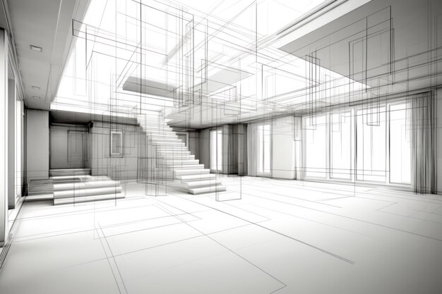 Architectural sketch of modern interior with staircase