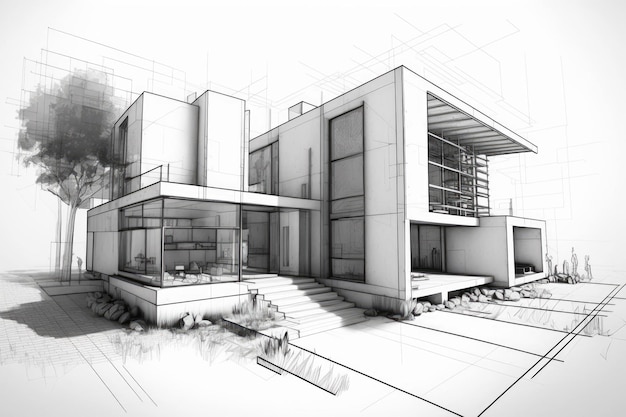 Architectural sketch using a wireframe layout