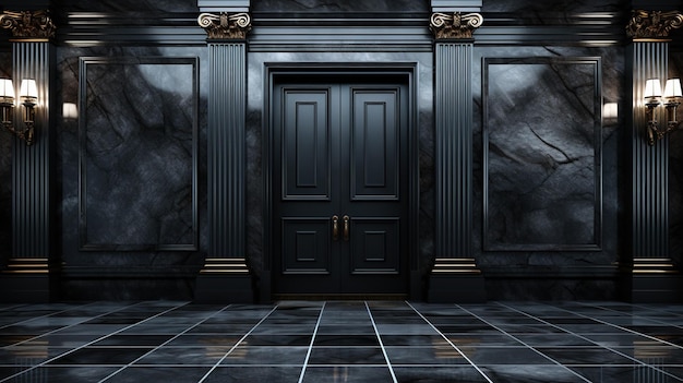 Архитектурное великолепие, роскошь большой темной двери в комнате из черного мрамора Генеративный ИИ