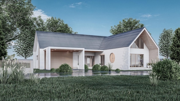 Architecturale 3D-rendering illustratie van modern minimaal huis met garage en natuurlandschap terug