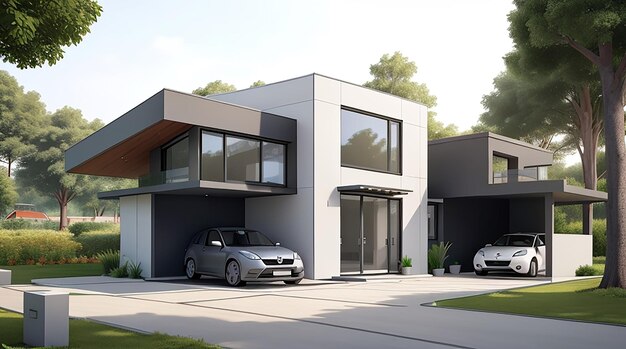 Architecturale 3D-rendering illustratie van modern minimaal huis met garage en natuurlandschap terug