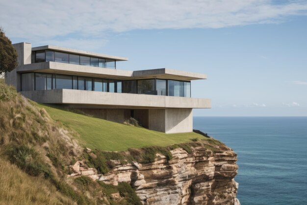 an architecturally designed house situated on a clifftop overlooking the ocean