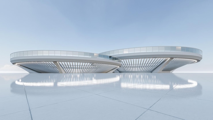 Photo architecture 3d rendering illustration of metallic modern hall with light and shadow reflection