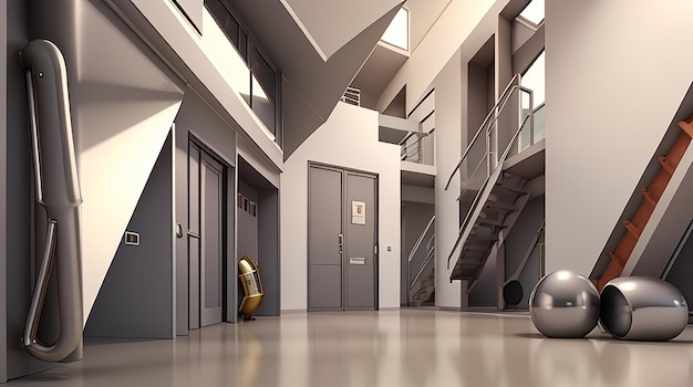 Architecture 3d rendering illustration of metallic modern hall