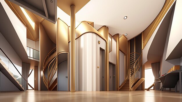 Architecture 3d rendering illustration of metallic modern hall