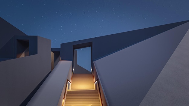 Architecture 3d rendering illustration of minimal house with lights on stairs at sunset