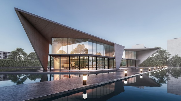 Architecture 3d rendering illustration of minimal house with swimming pool and water reflection