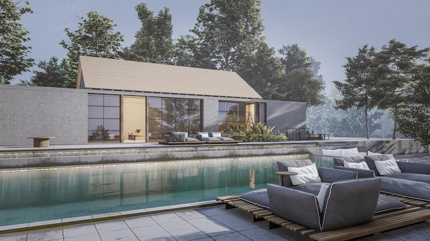 Architecture 3d rendering illustration of minimal house with swimming pool